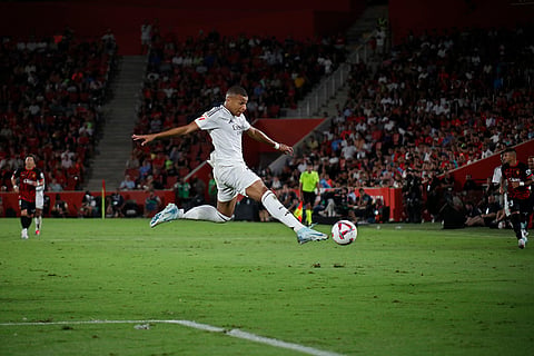 La Liga, Real Madrid vs Mallorca: Real Madrid's Kylian Mbappe controls the ball during the match against Mallorca